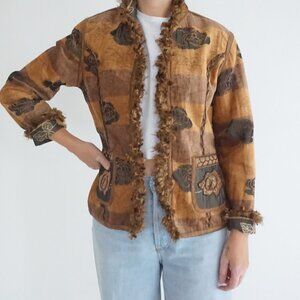 Vintage Brown Floral Embroidered Fringed Trim Boho Prairie Button Front Jacket S
